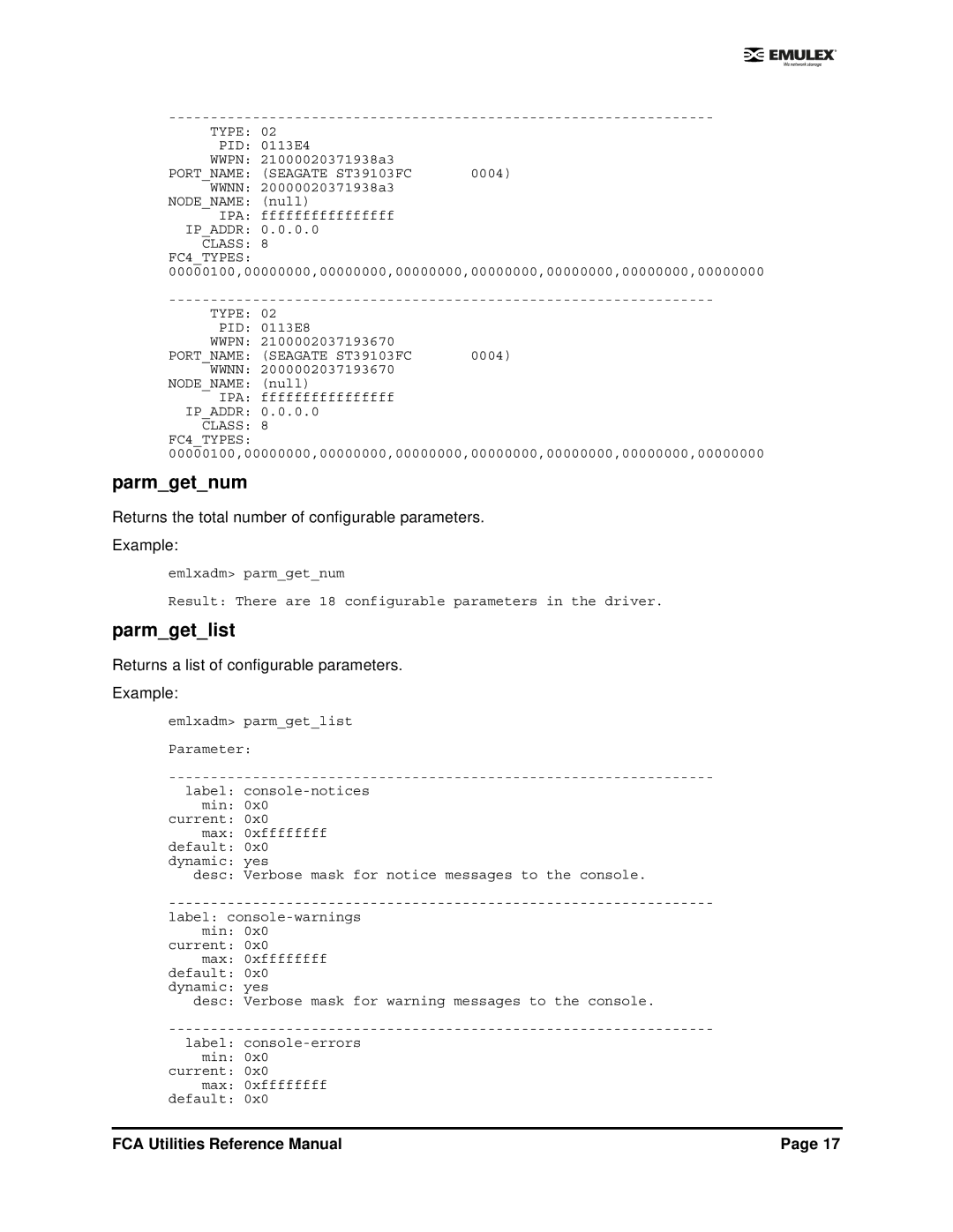 Emulex EMULEX manual Parmgetnum, Parmgetlist, Returns the total number of configurable parameters Example 