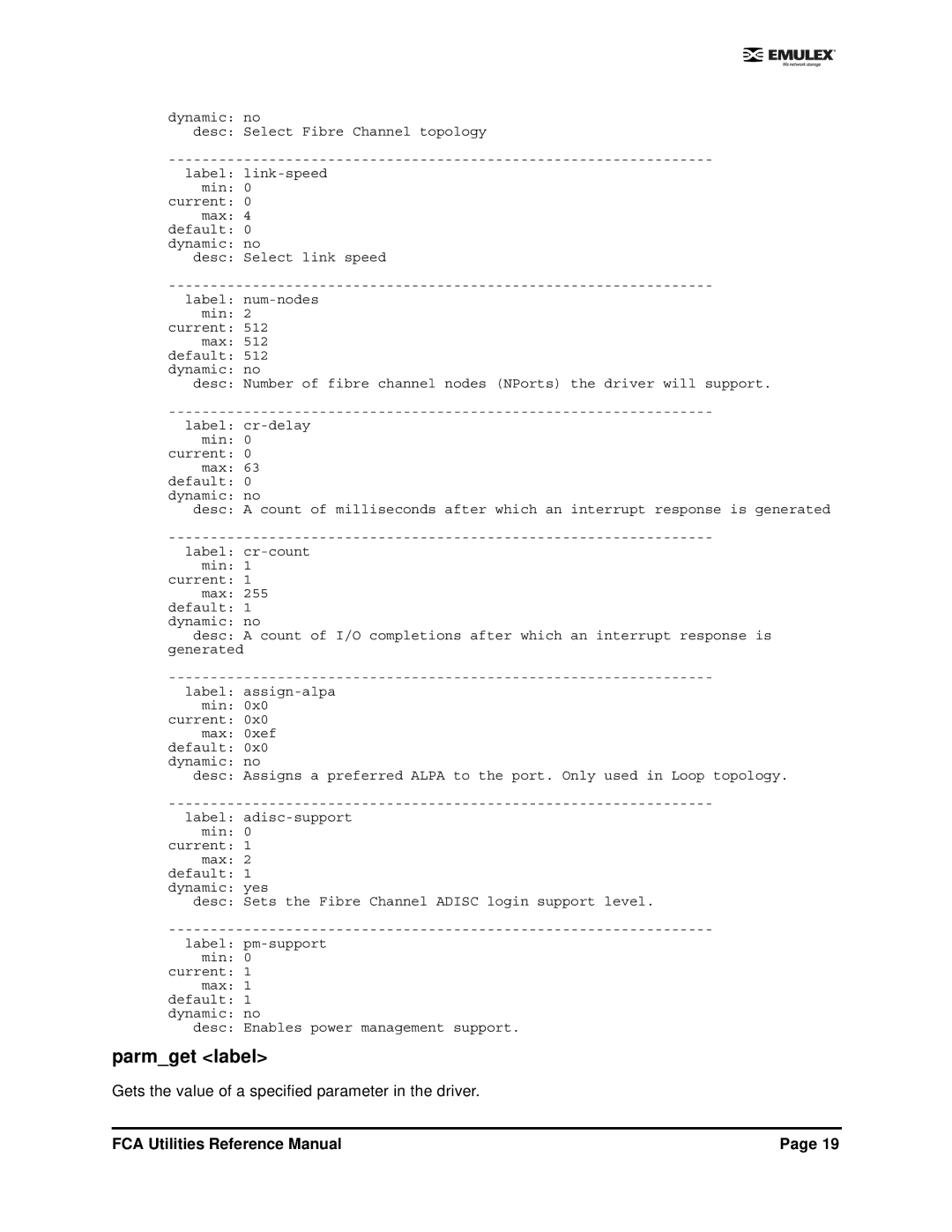 Emulex EMULEX manual Parmget label, Gets the value of a specified parameter in the driver 