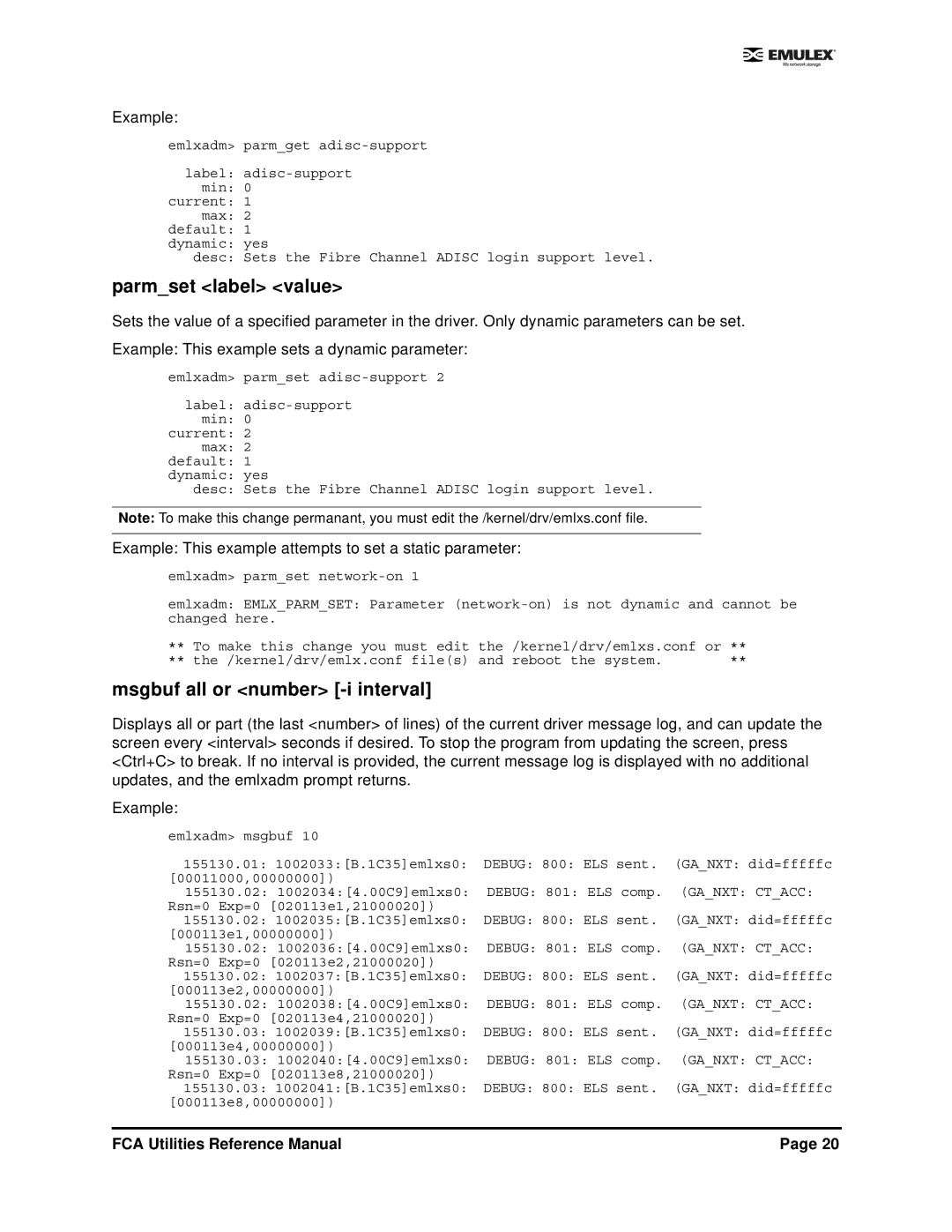 Emulex EMULEX manual Parmset label value, Msgbuf all or number -i interval 