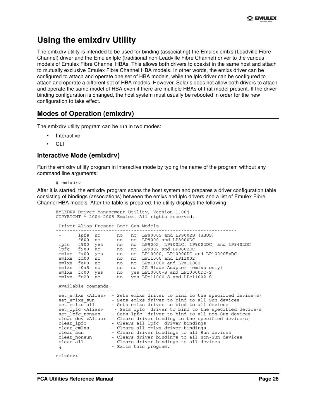 Emulex EMULEX manual Modes of Operation emlxdrv, Interactive Mode emlxdrv 