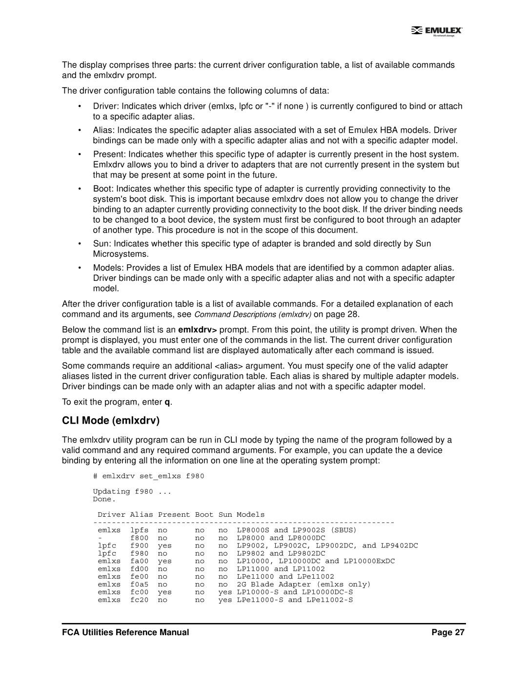 Emulex EMULEX manual CLI Mode emlxdrv 