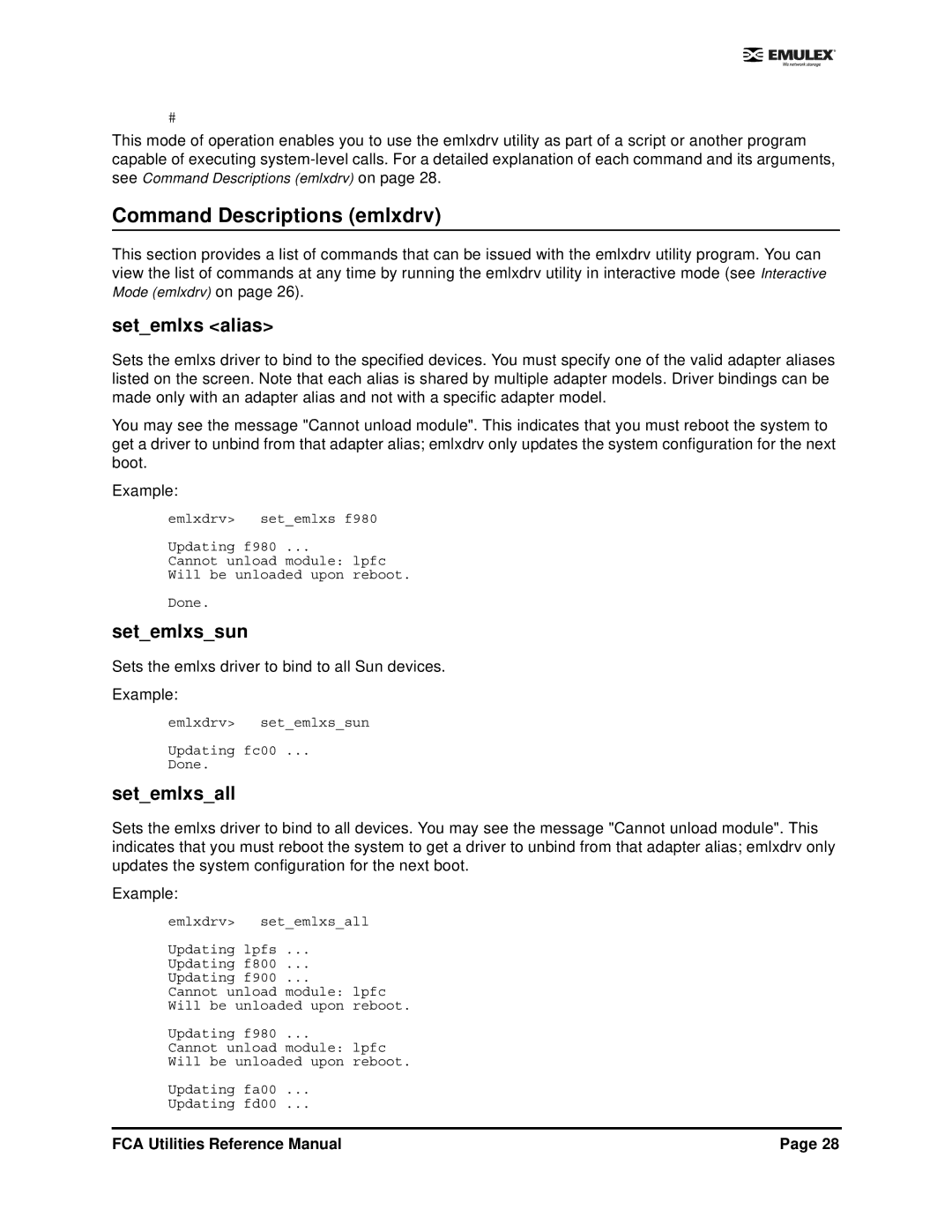 Emulex EMULEX manual Command Descriptions emlxdrv, Setemlxs alias, Setemlxssun, Setemlxsall 