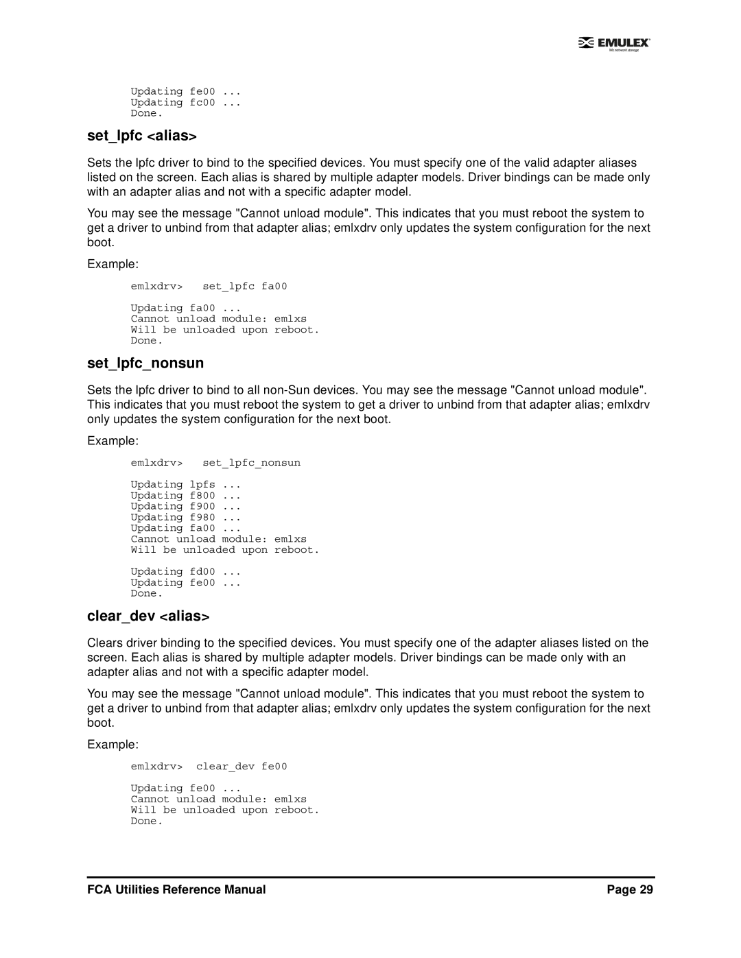 Emulex EMULEX manual Setlpfc alias, Setlpfcnonsun, Cleardev alias 