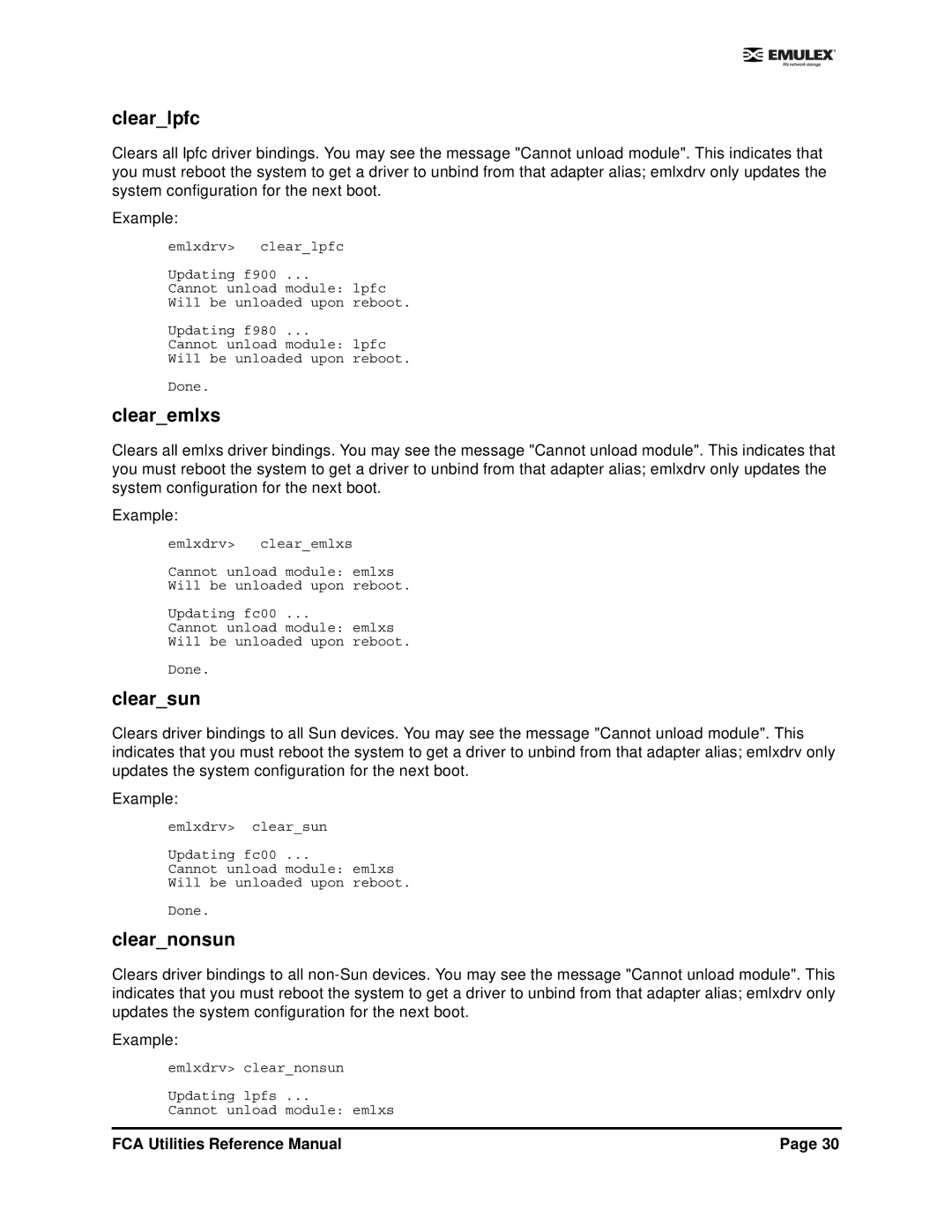 Emulex EMULEX manual Clearlpfc, Clearemlxs, Clearsun, Clearnonsun 
