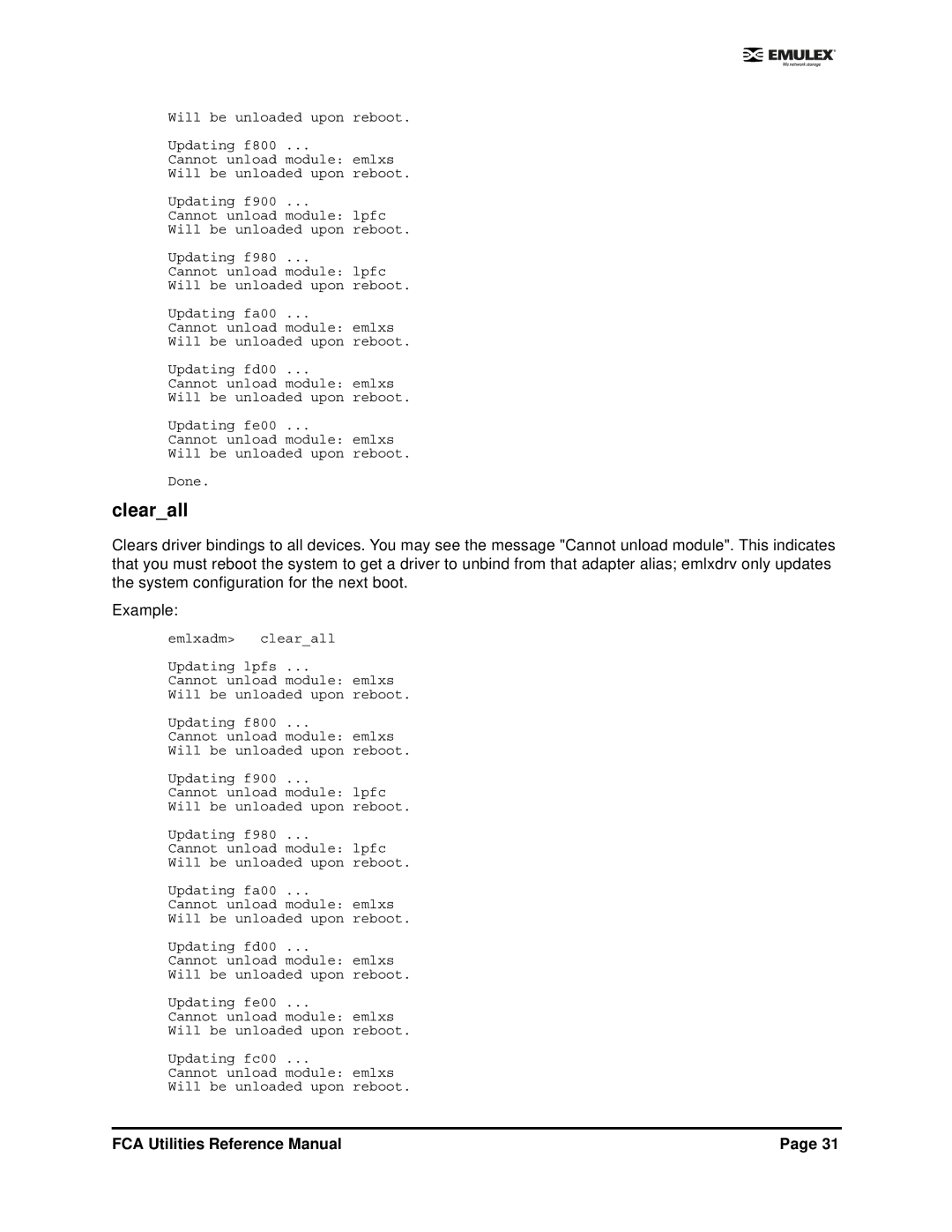 Emulex EMULEX manual Clearall 