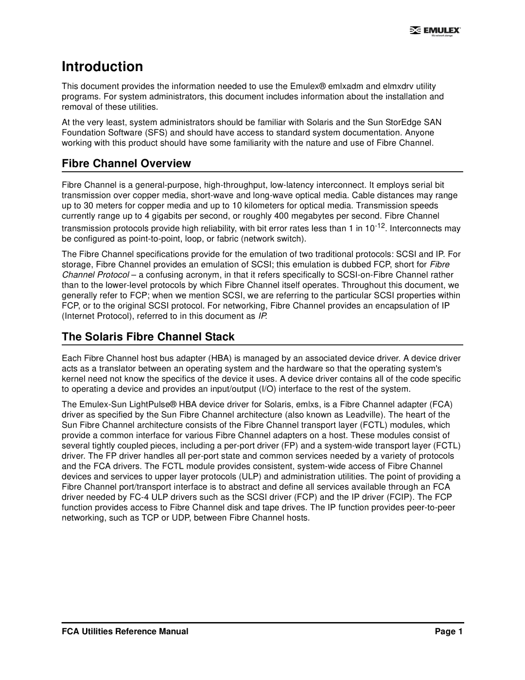 Emulex EMULEX manual Fibre Channel Overview, Solaris Fibre Channel Stack 