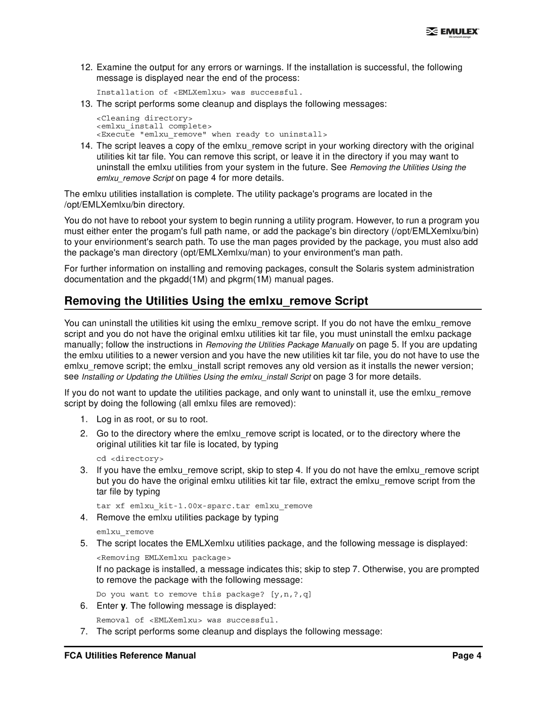 Emulex EMULEX manual Removing the Utilities Using the emlxuremove Script 