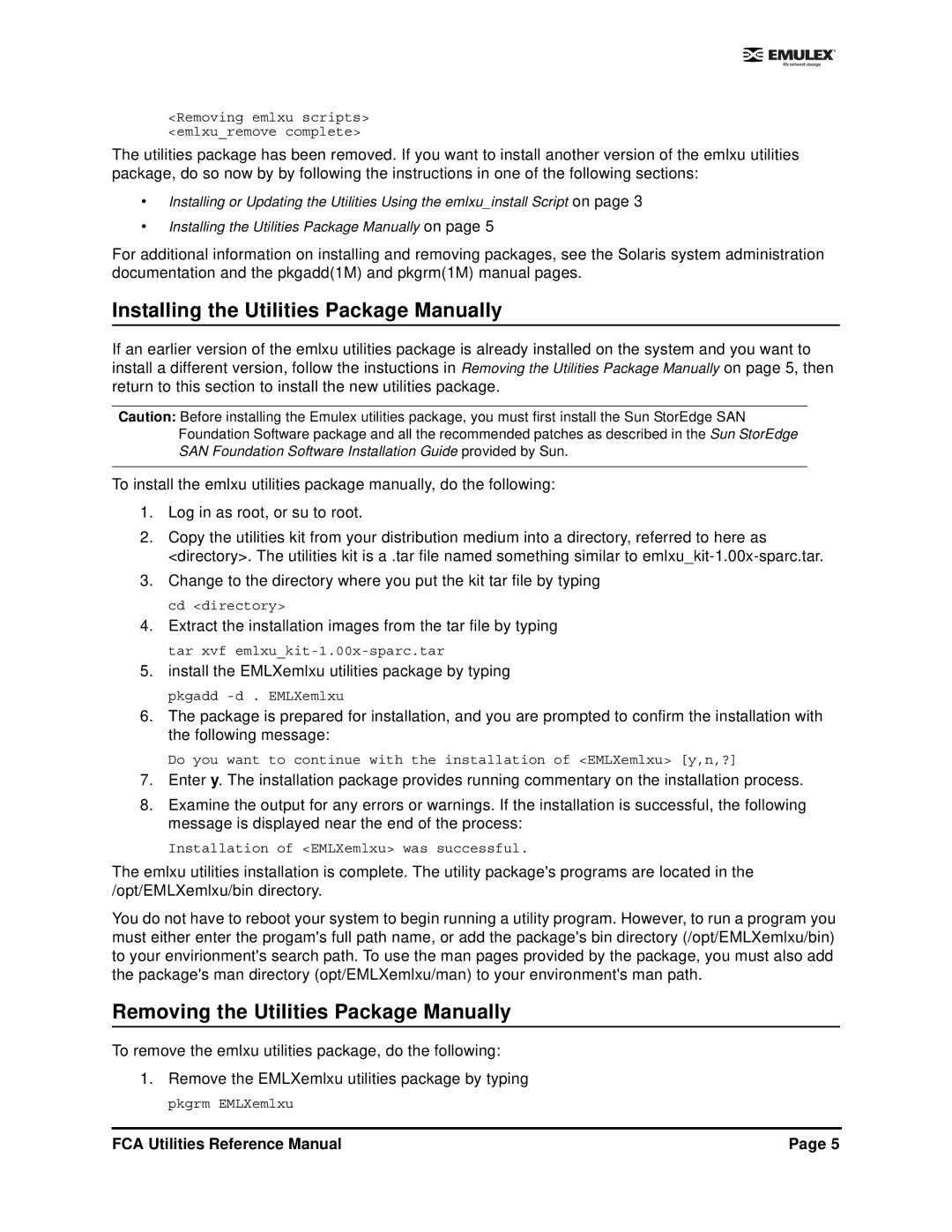 Emulex EMULEX manual Installing the Utilities Package Manually, Removing the Utilities Package Manually 