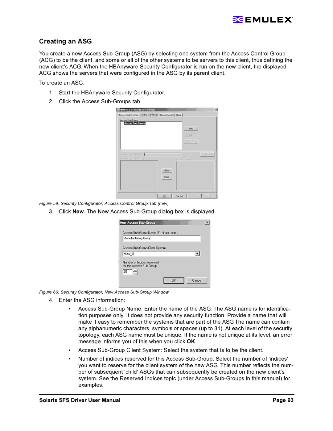 Emulex LP1150-F4 user manual Creating an ASG, Click New. The New Access Sub-Group dialog box is displayed 