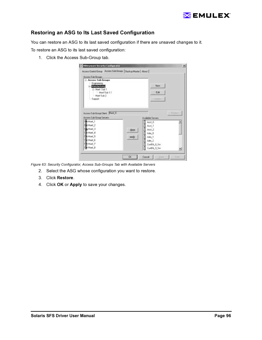 Emulex LP1150-F4 user manual Restoring an ASG to Its Last Saved Configuration 