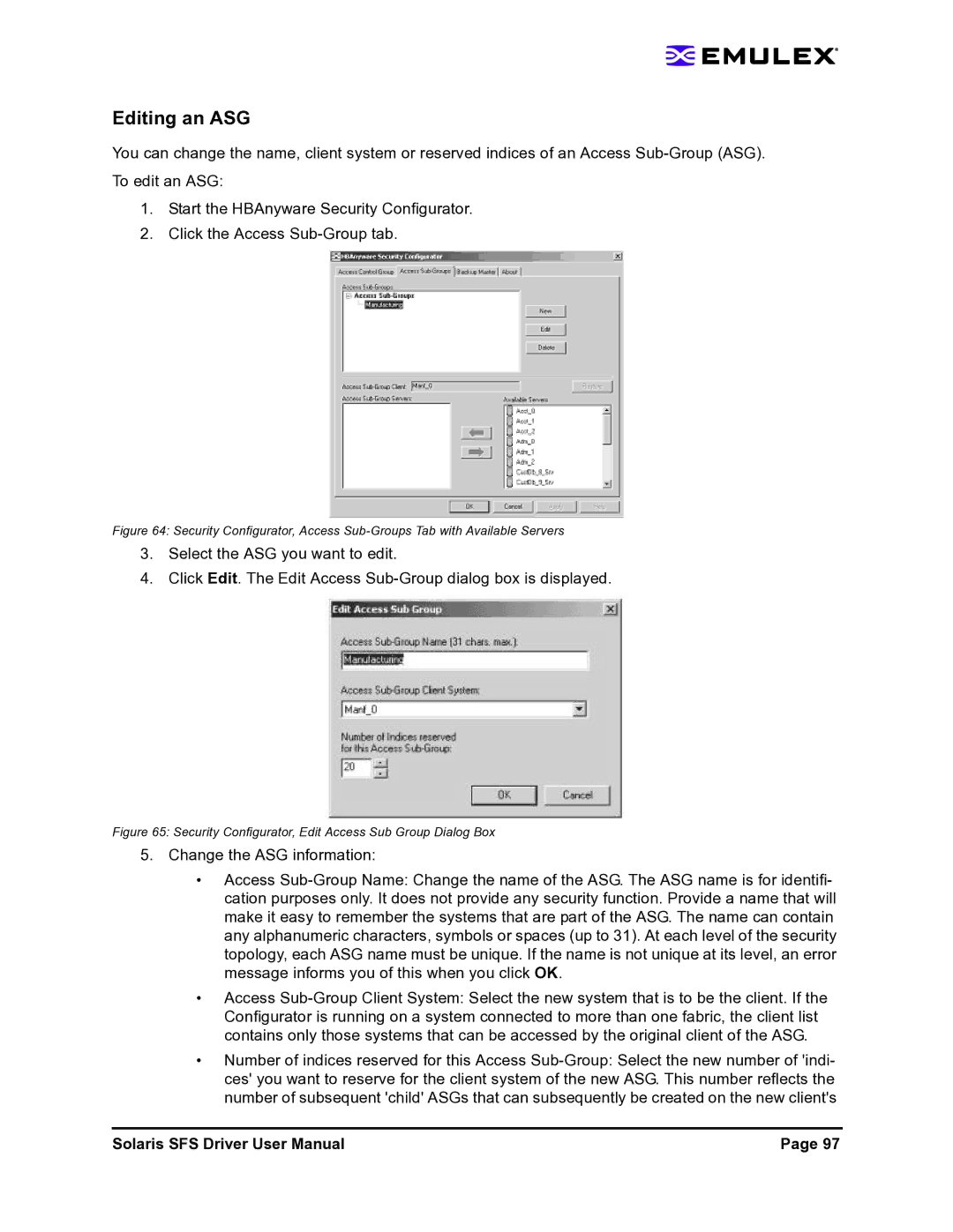 Emulex LP1150-F4 user manual Editing an ASG, Security Configurator, Edit Access Sub Group Dialog Box 