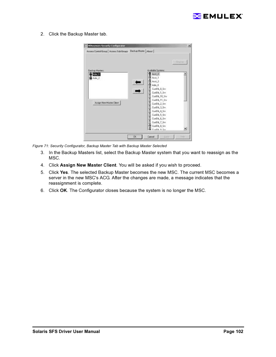 Emulex LP1150-F4 user manual Click the Backup Master tab 