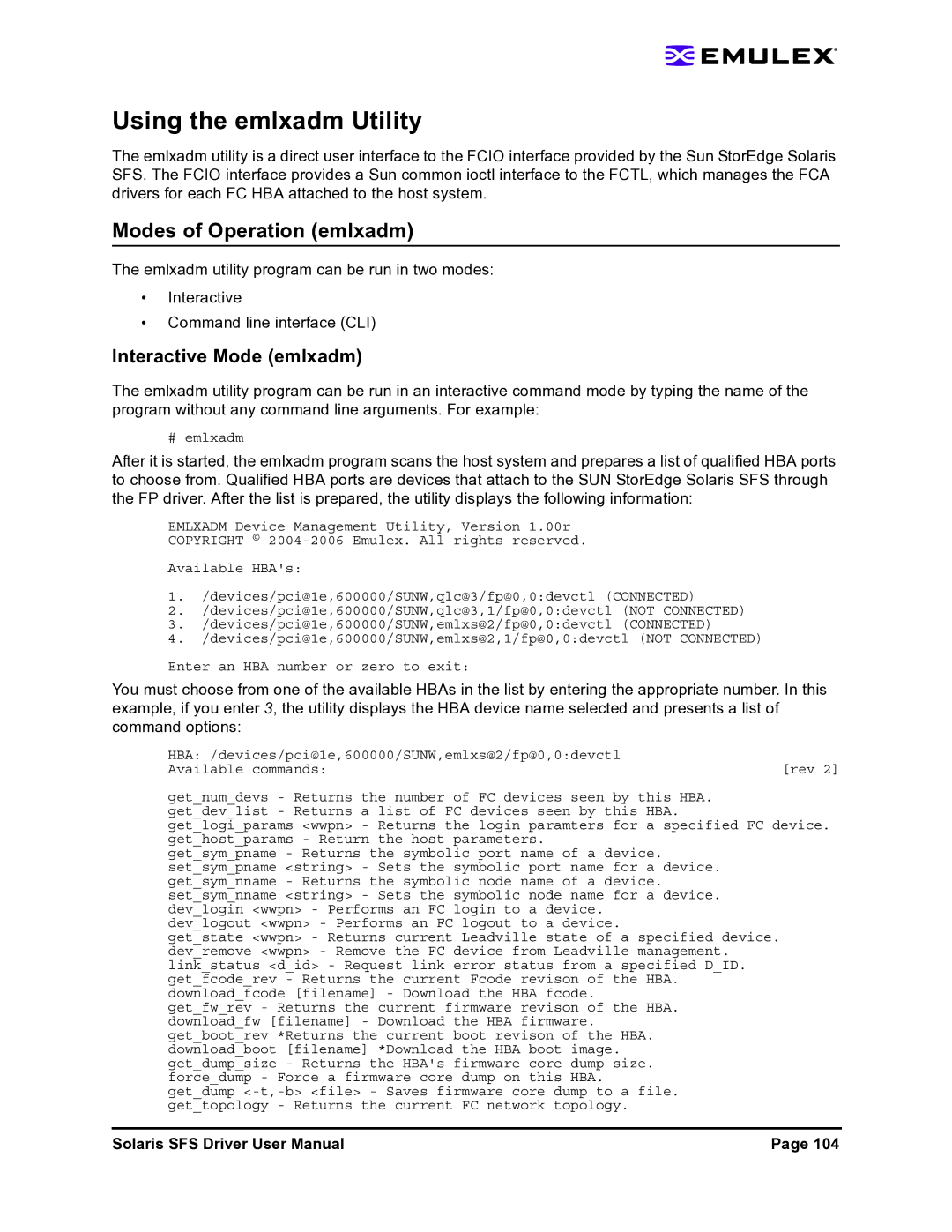 Emulex LP1150-F4 user manual Modes of Operation emlxadm, Interactive Mode emlxadm 