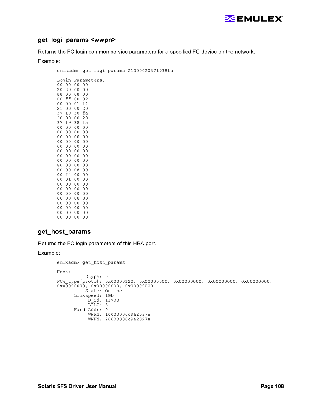 Emulex LP1150-F4 user manual Getlogiparams wwpn, Gethostparams, Returns the FC login parameters of this HBA port Example 