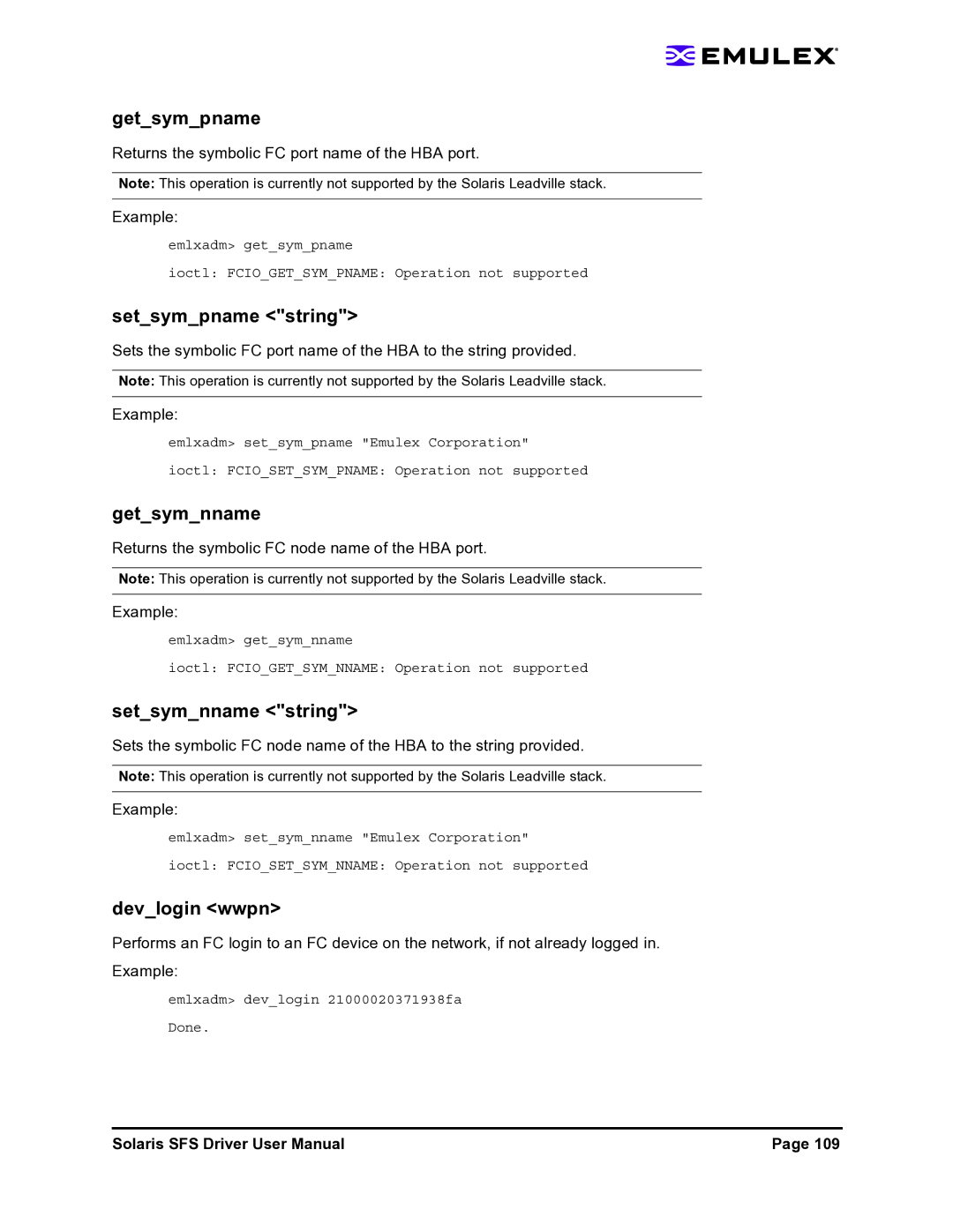 Emulex LP1150-F4 user manual Getsympname, Setsympname string, Getsymnname, Setsymnname string, Devlogin wwpn 