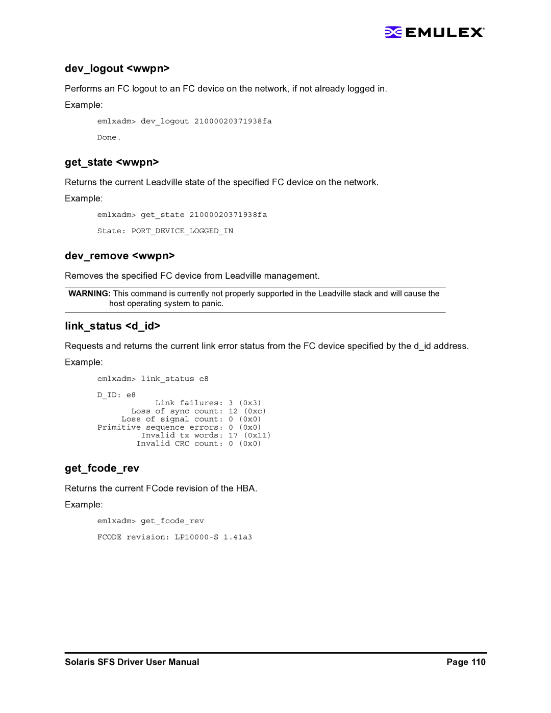 Emulex LP1150-F4 user manual Devlogout wwpn, Getstate wwpn, Devremove wwpn, Linkstatus did, Getfcoderev 