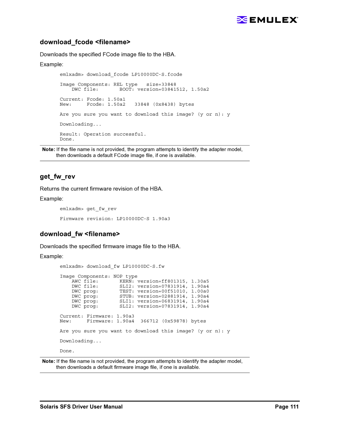 Emulex LP1150-F4 user manual Downloadfcode filename, Getfwrev, Downloadfw filename 