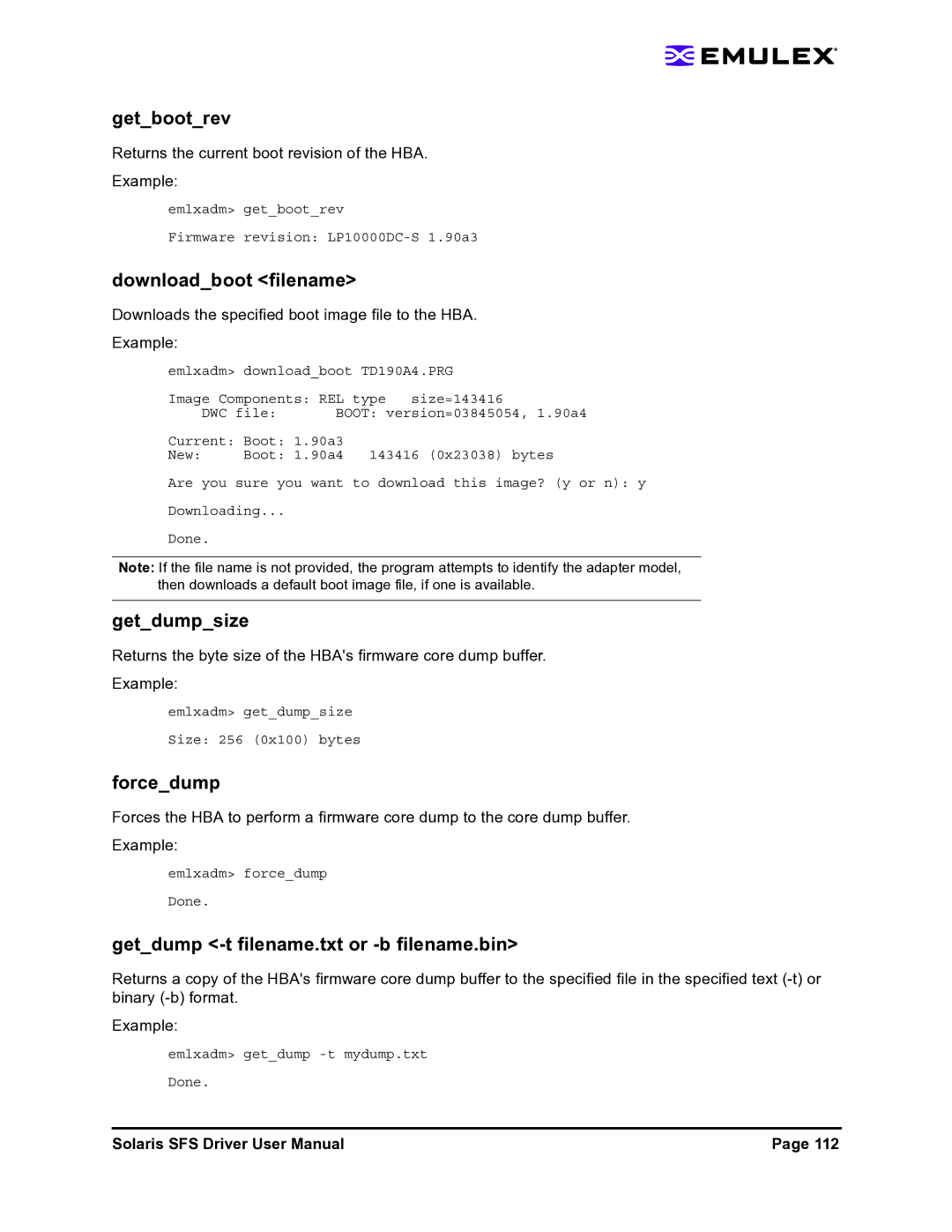 Emulex LP1150-F4 Getbootrev, Downloadboot filename, Getdumpsize, Forcedump, Getdump -t filename.txt or -b filename.bin 