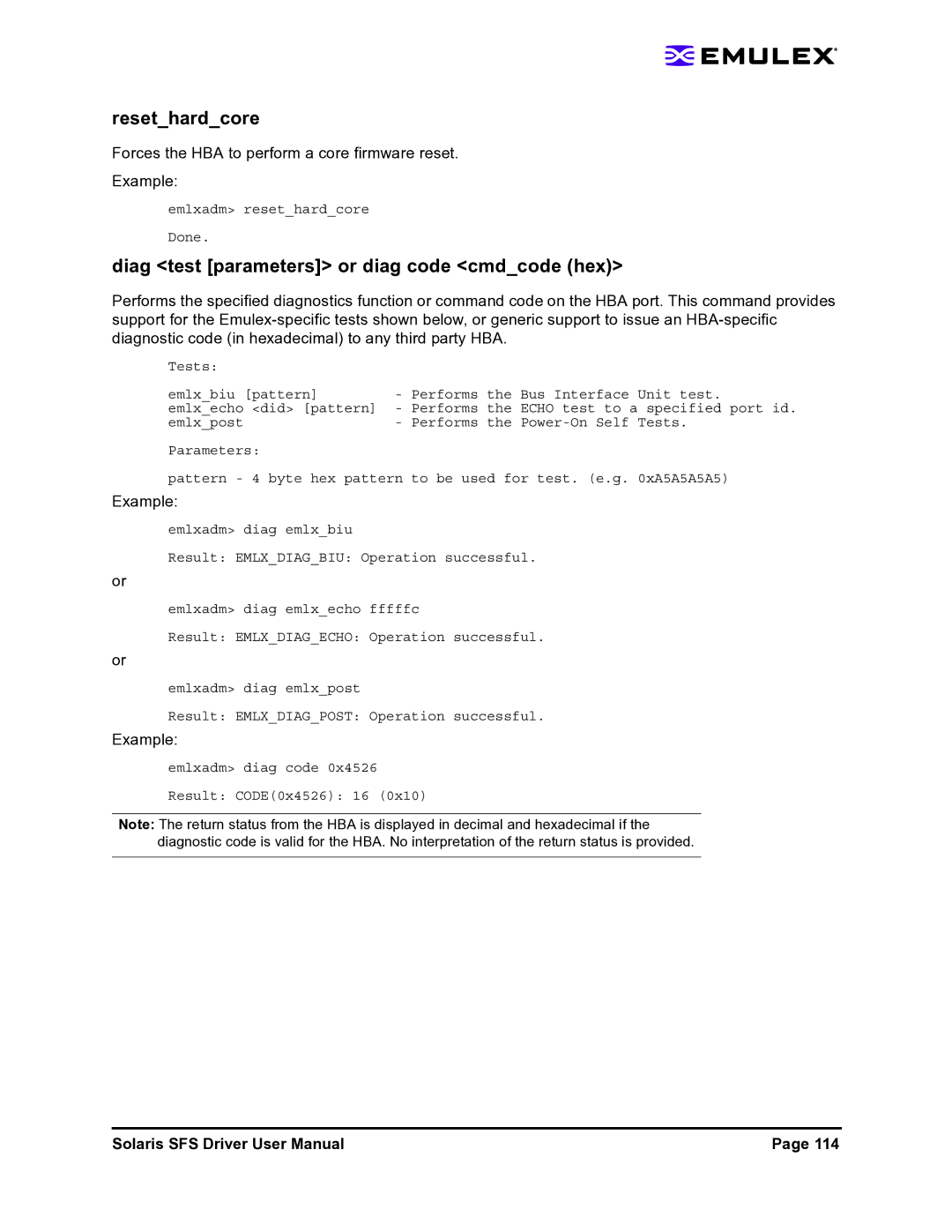 Emulex LP1150-F4 user manual Resethardcore, Diag test parameters or diag code cmdcode hex 