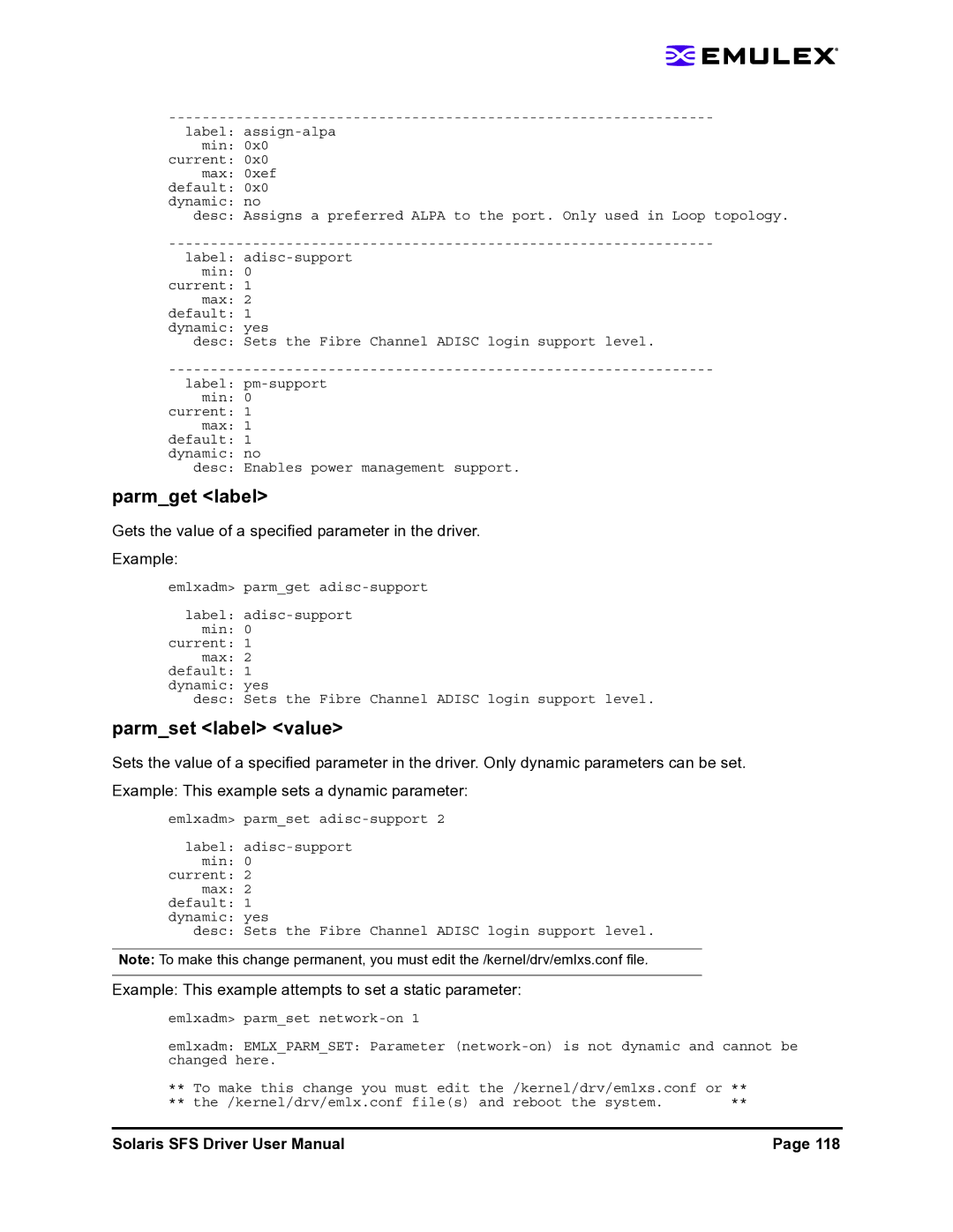 Emulex LP1150-F4 user manual Parmget label, Parmset label value, Example This example attempts to set a static parameter 