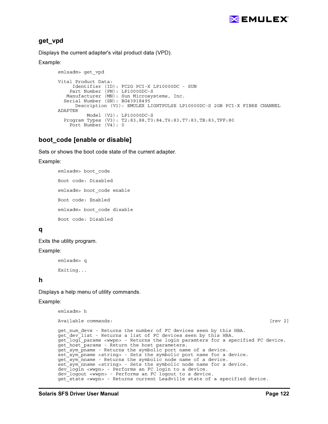 Emulex LP1150-F4 user manual Getvpd, Bootcode enable or disable, Exits the utility program Example 