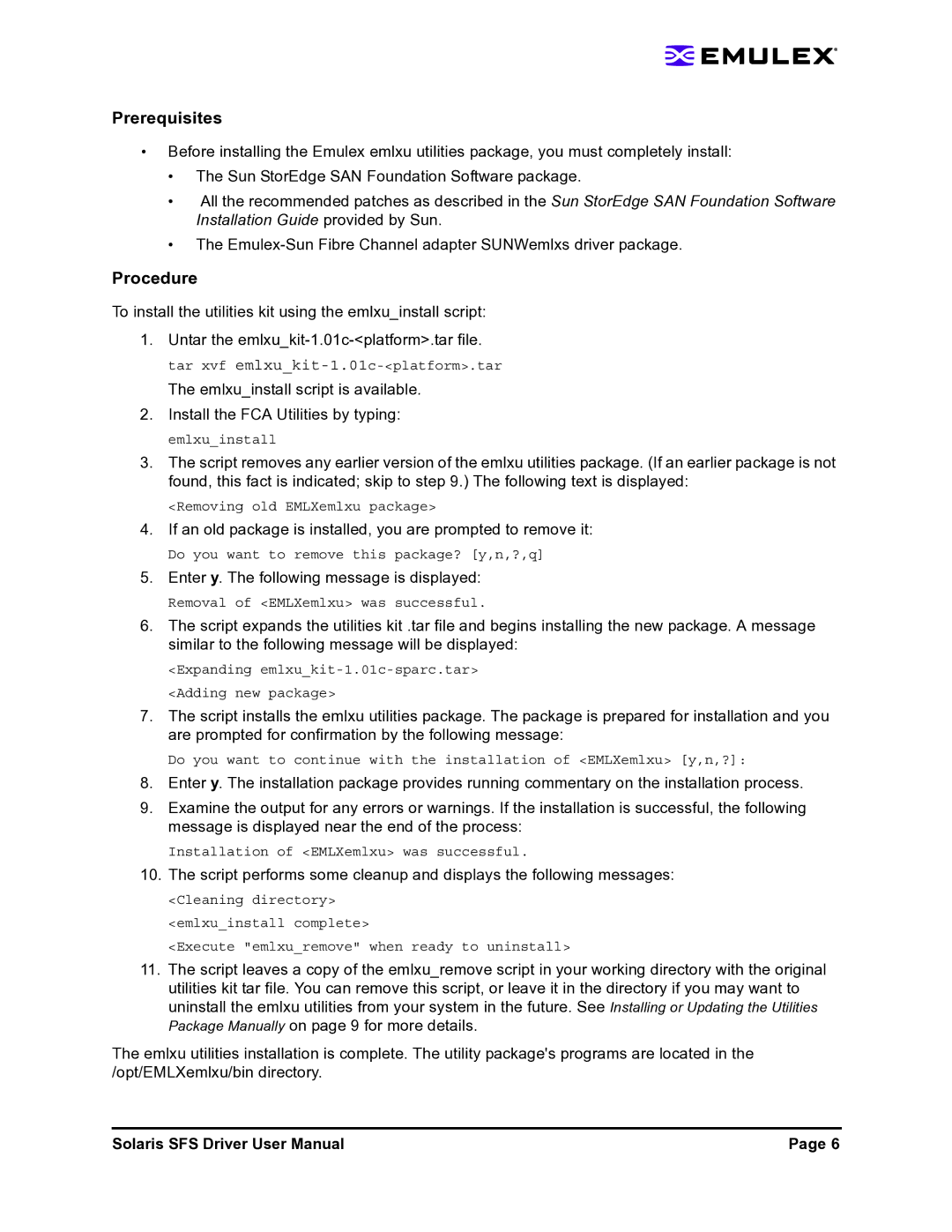 Emulex LP1150-F4 user manual Prerequisites, To install the utilities kit using the emlxuinstall script 