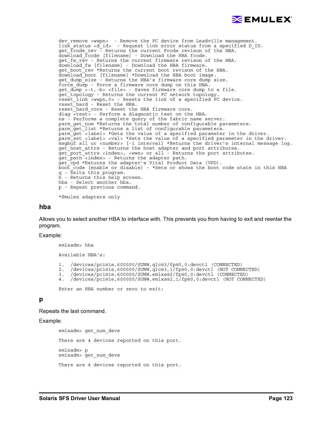 Emulex LP1150-F4 user manual Hba, Repeats the last command Example 