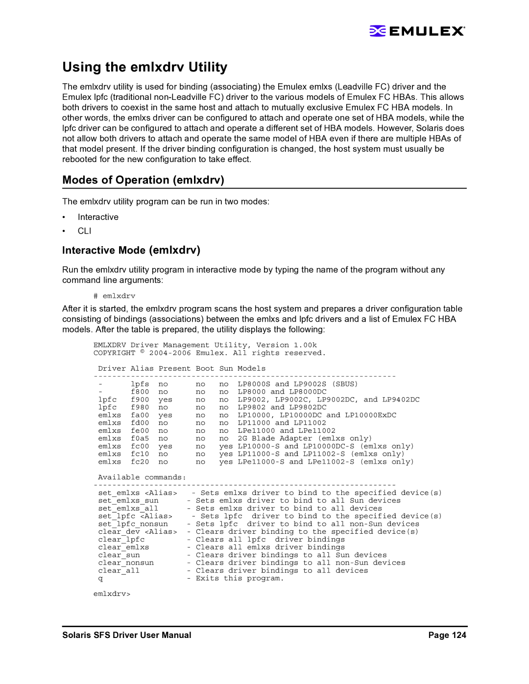 Emulex LP1150-F4 user manual Modes of Operation emlxdrv, Interactive Mode emlxdrv 