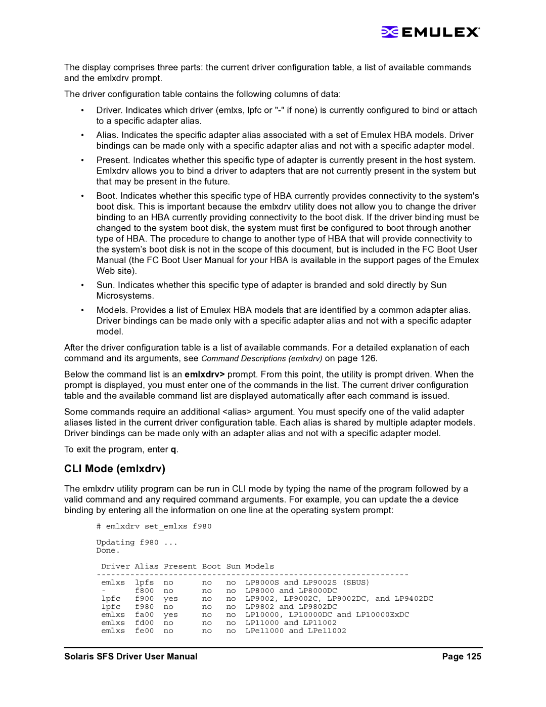 Emulex LP1150-F4 user manual CLI Mode emlxdrv 