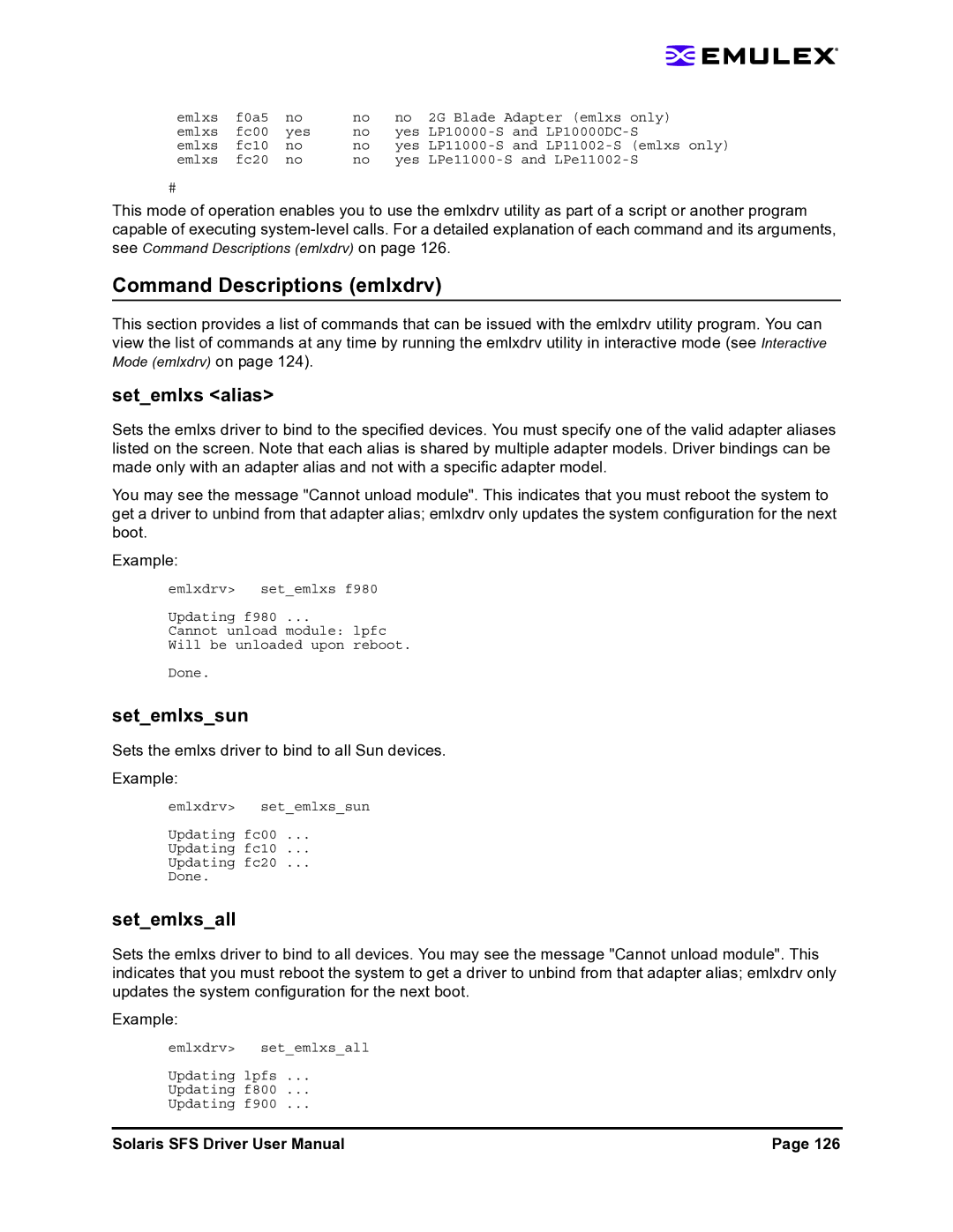 Emulex LP1150-F4 user manual Command Descriptions emlxdrv, Setemlxs alias, Setemlxssun, Setemlxsall 