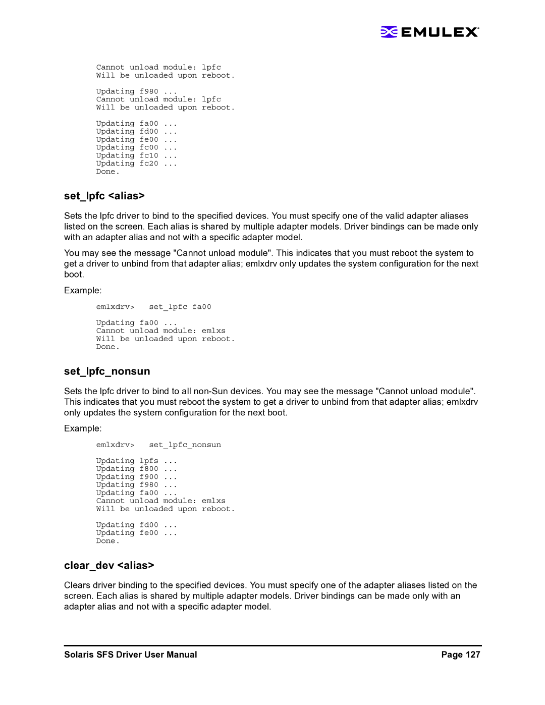 Emulex LP1150-F4 user manual Setlpfc alias, Setlpfcnonsun, Cleardev alias 