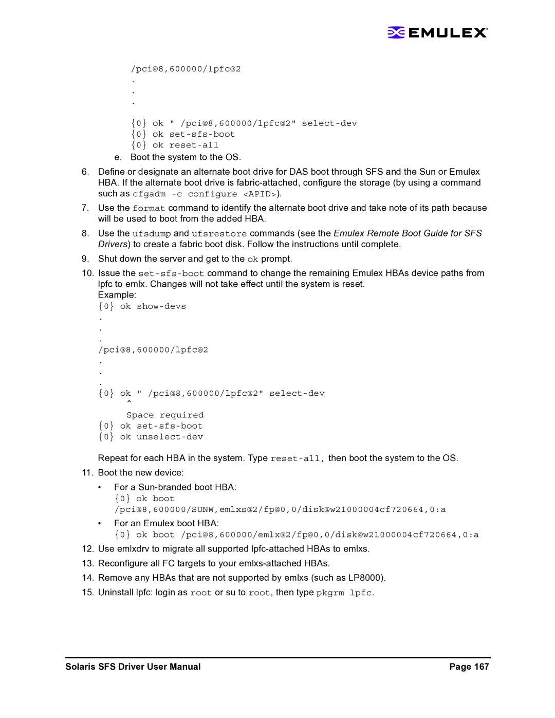 Emulex LP1150-F4 user manual Shut down the server and get to the ok prompt, For an Emulex boot HBA 