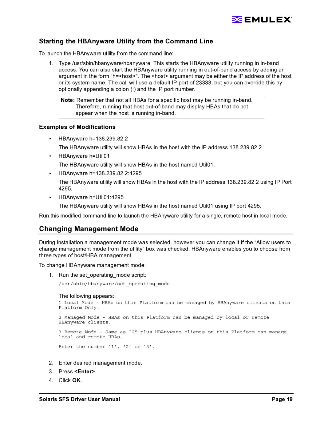 Emulex LP1150-F4 Changing Management Mode, Starting the HBAnyware Utility from the Command Line, Examples of Modifications 