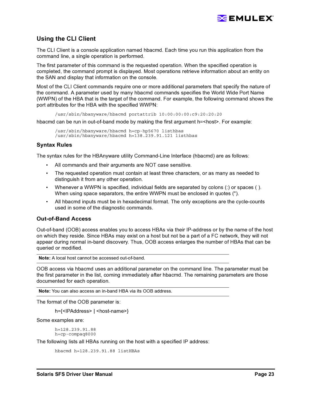 Emulex LP1150-F4 user manual Using the CLI Client, Syntax Rules, Out-of-Band Access 