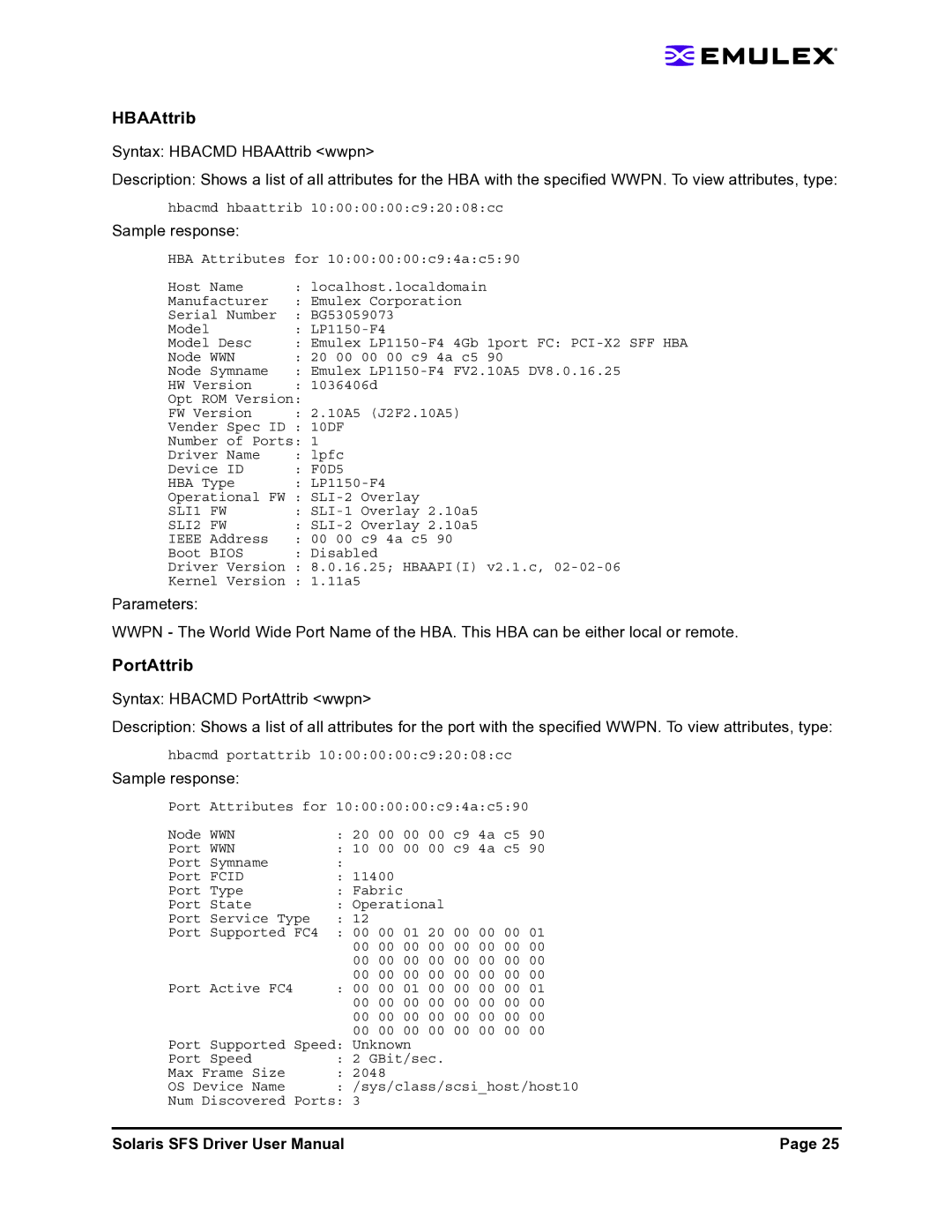 Emulex LP1150-F4 user manual HBAAttrib, PortAttrib 