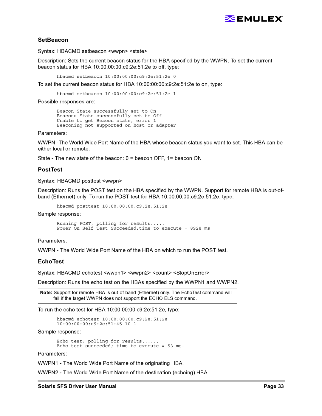 Emulex LP1150-F4 user manual SetBeacon, PostTest, EchoTest 