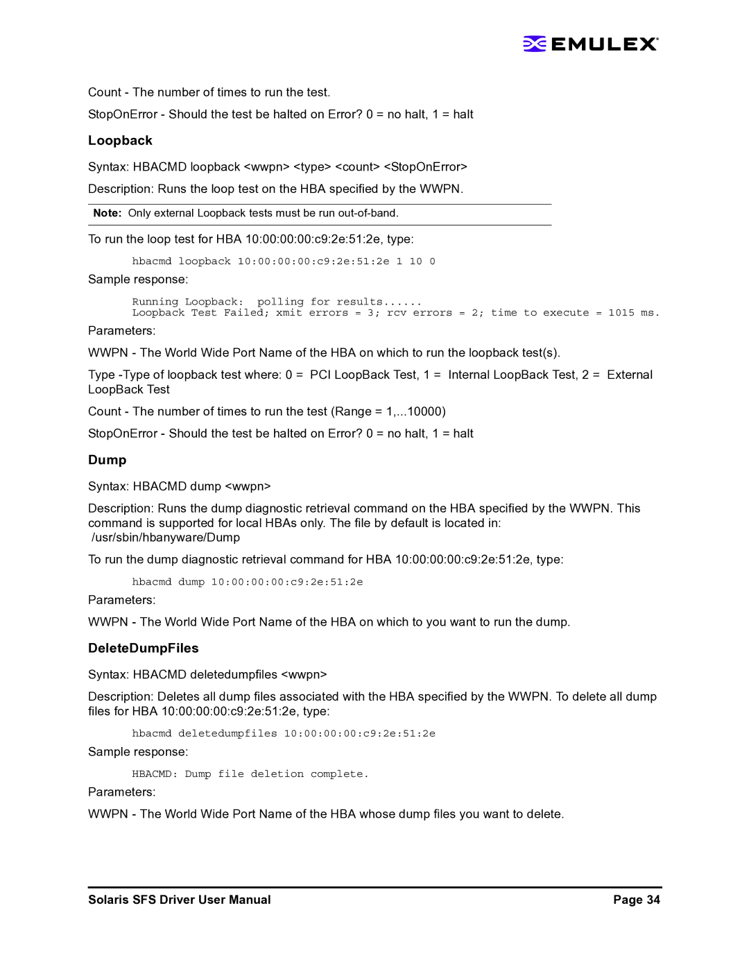 Emulex LP1150-F4 user manual Loopback, DeleteDumpFiles 