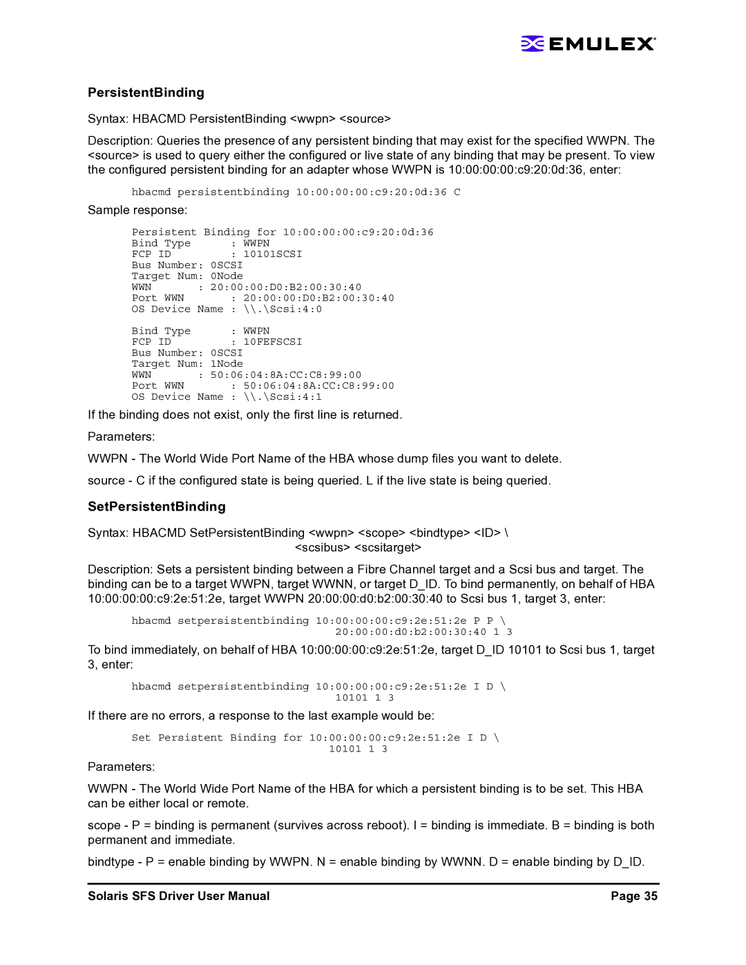 Emulex LP1150-F4 user manual SetPersistentBinding 