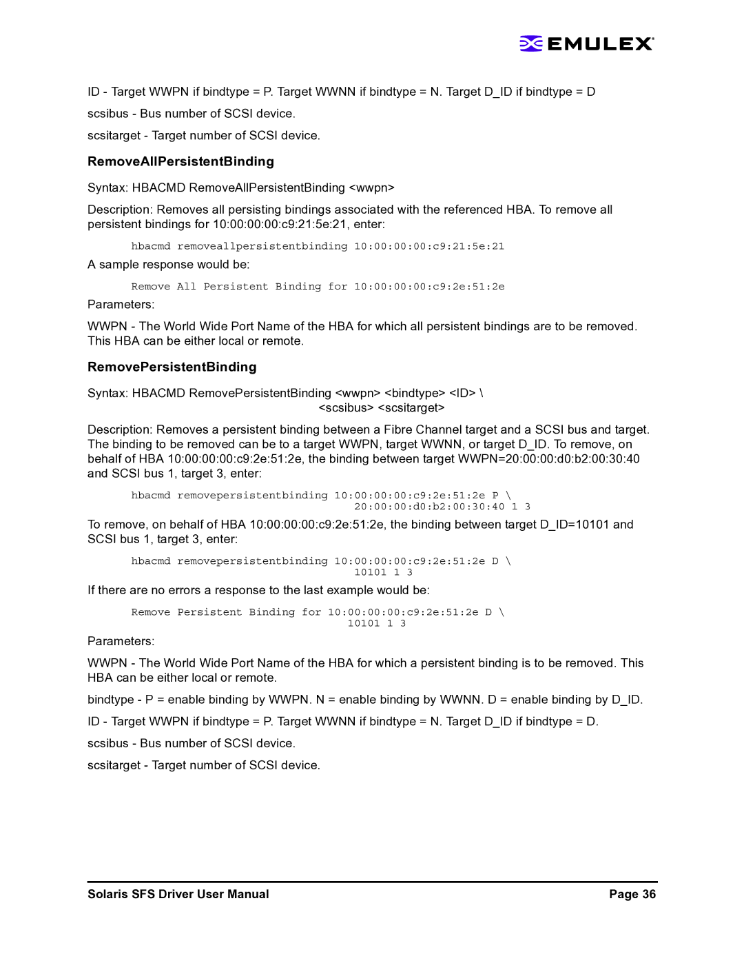 Emulex LP1150-F4 user manual RemoveAllPersistentBinding, RemovePersistentBinding, Sample response would be 