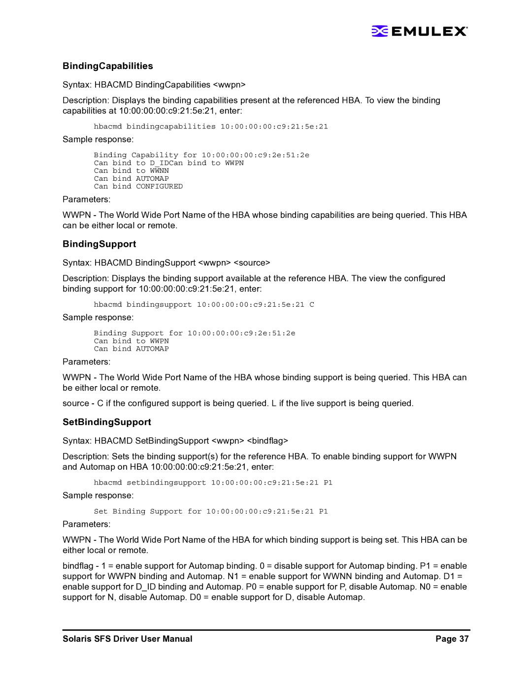 Emulex LP1150-F4 user manual BindingCapabilities, SetBindingSupport 