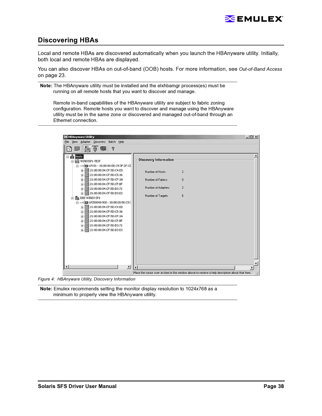 Emulex LP1150-F4 user manual Discovering HBAs, HBAnyware Utility, Discovery Information 