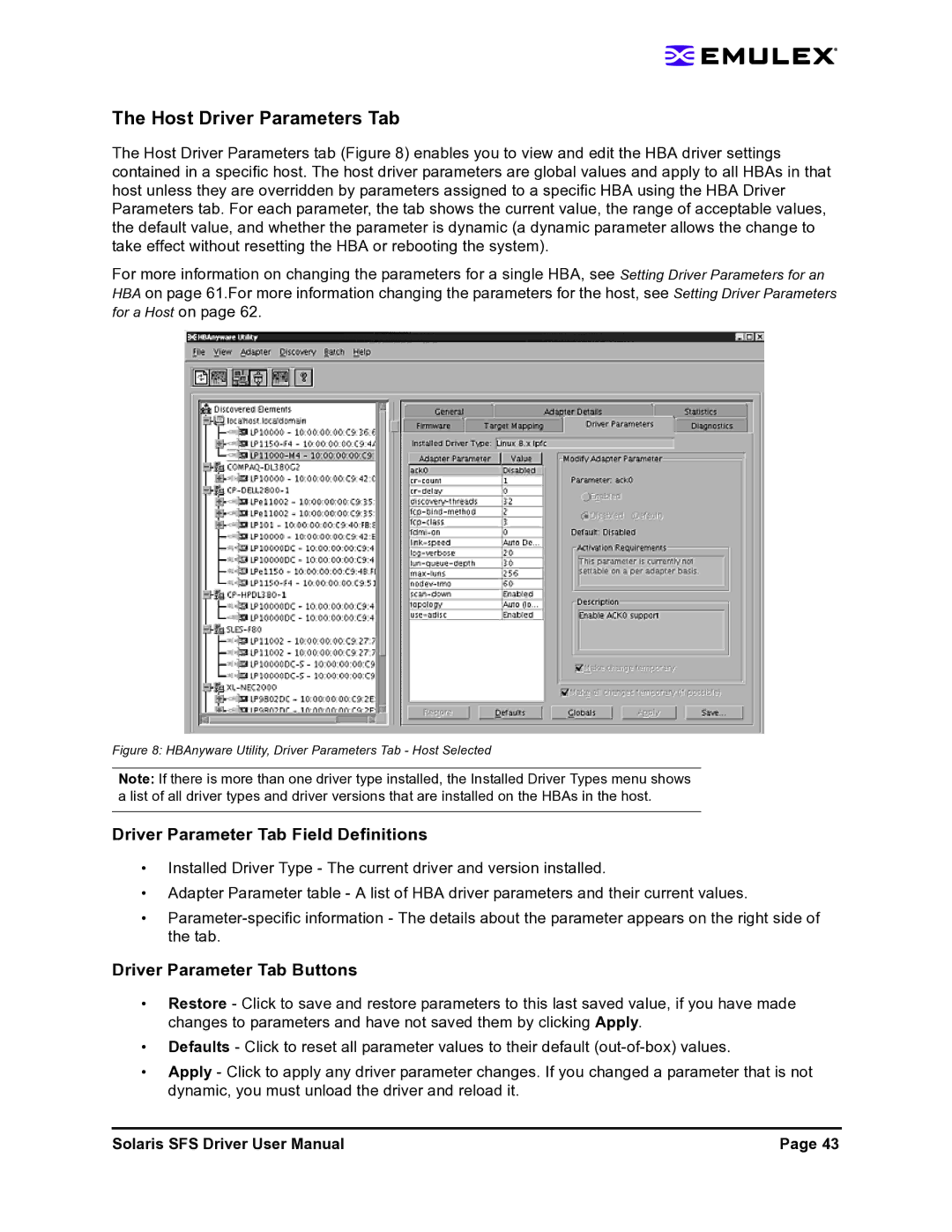 Emulex LP1150-F4 Host Driver Parameters Tab, Driver Parameter Tab Field Definitions, Driver Parameter Tab Buttons 