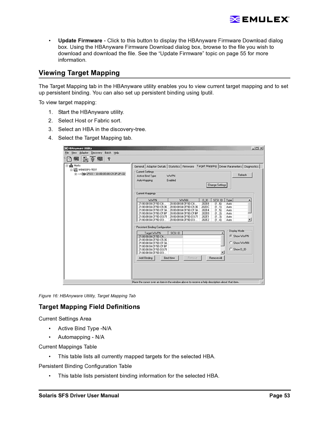 Emulex LP1150-F4 user manual Viewing Target Mapping, Target Mapping Field Definitions 