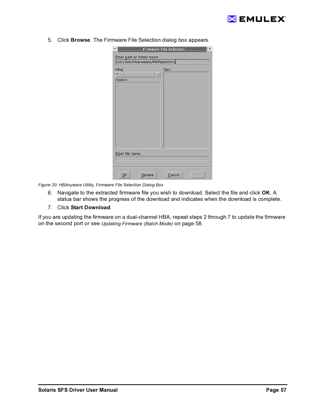 Emulex LP1150-F4 user manual Click Browse. The Firmware File Selection dialog box appears, Click Start Download 