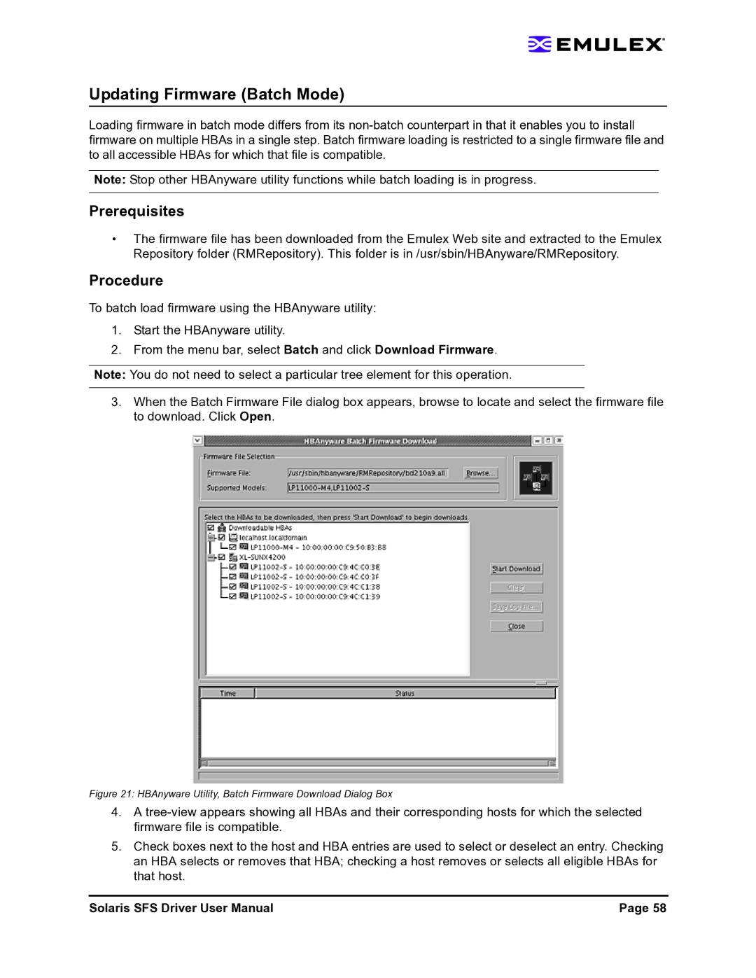 Emulex LP1150-F4 user manual Updating Firmware Batch Mode, HBAnyware Utility, Batch Firmware Download Dialog Box 