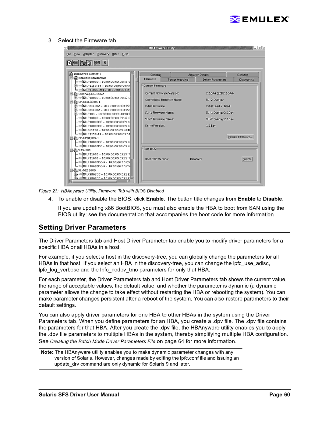 Emulex LP1150-F4 user manual Setting Driver Parameters, HBAnyware Utility, Firmware Tab with Bios Disabled 