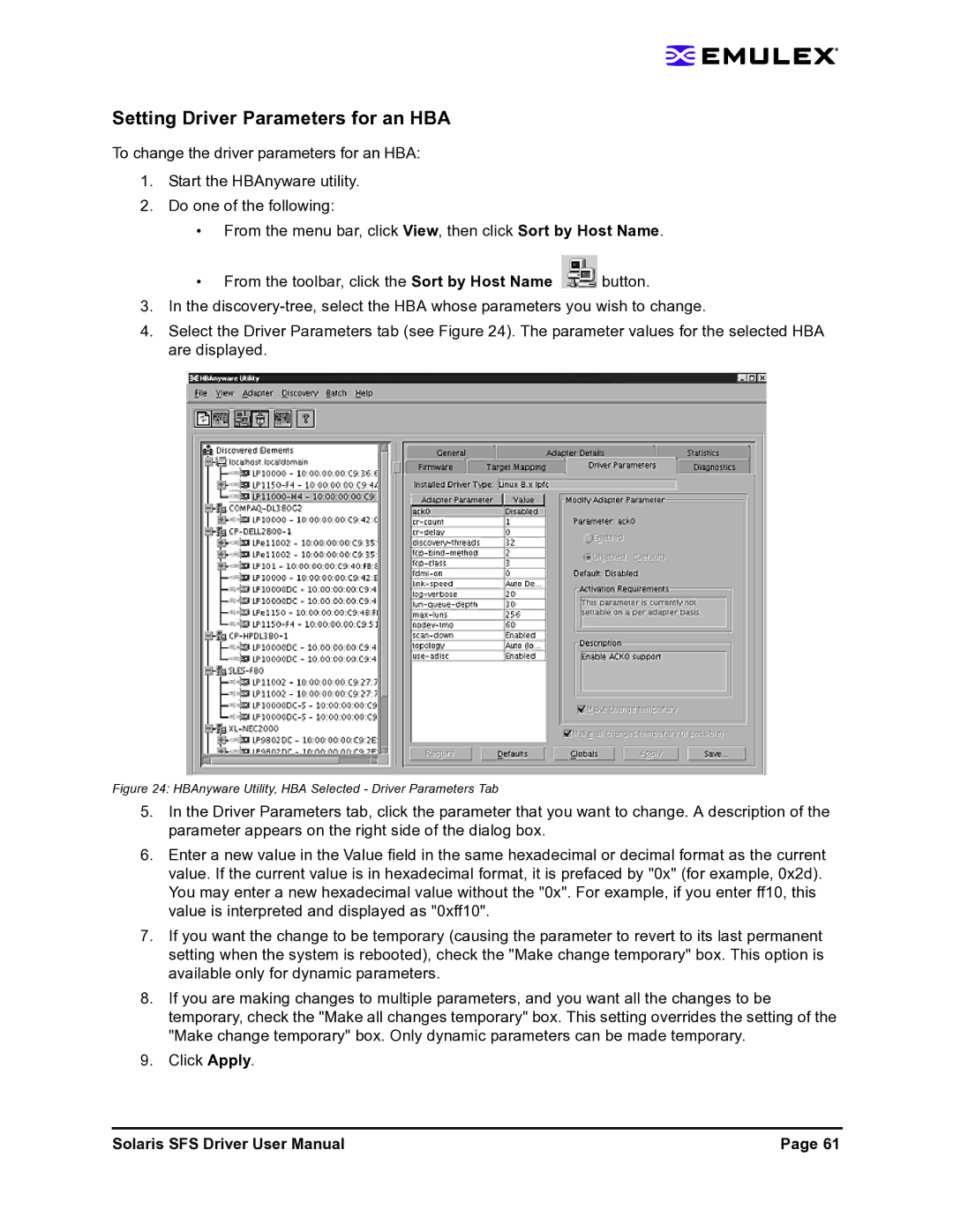 Emulex LP1150-F4 user manual Setting Driver Parameters for an HBA, HBAnyware Utility, HBA Selected Driver Parameters Tab 