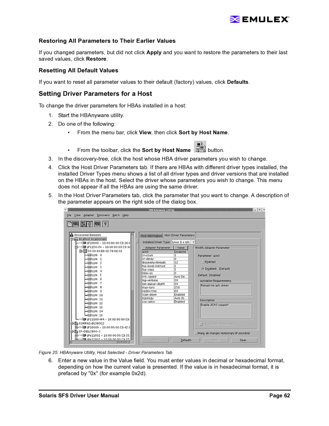 Emulex LP1150-F4 user manual Setting Driver Parameters for a Host, Restoring All Parameters to Their Earlier Values 