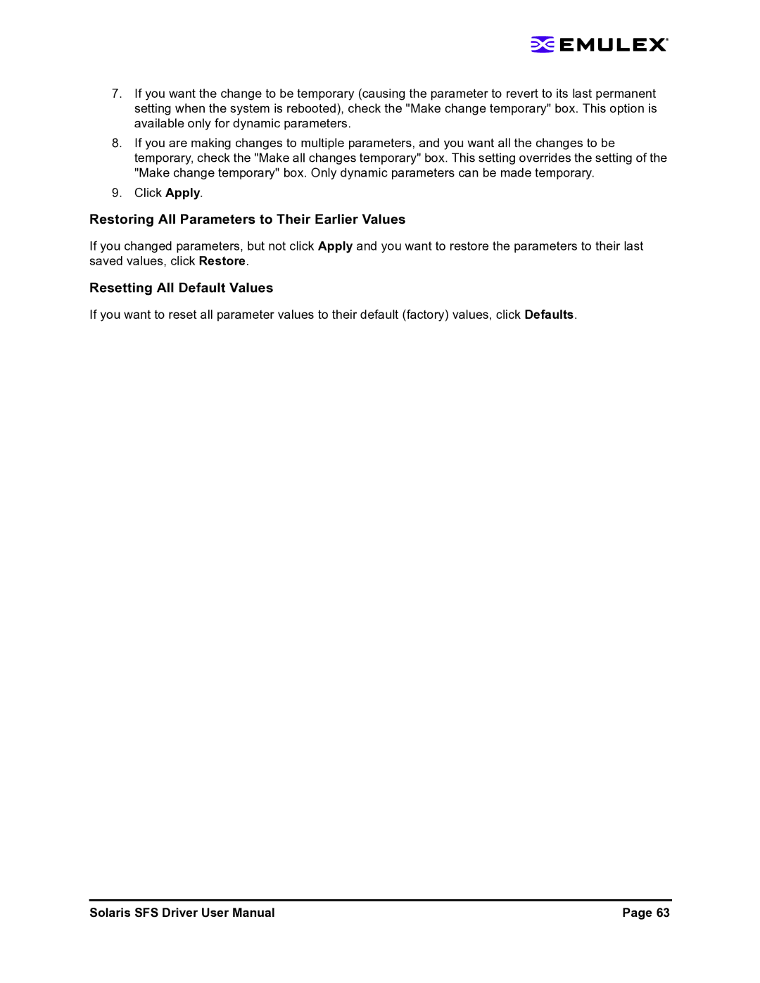 Emulex LP1150-F4 user manual Restoring All Parameters to Their Earlier Values 