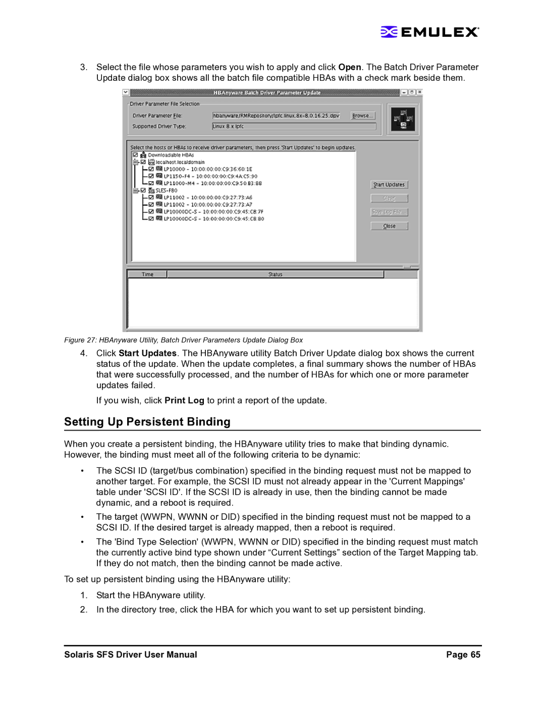 Emulex LP1150-F4 user manual Setting Up Persistent Binding, HBAnyware Utility, Batch Driver Parameters Update Dialog Box 